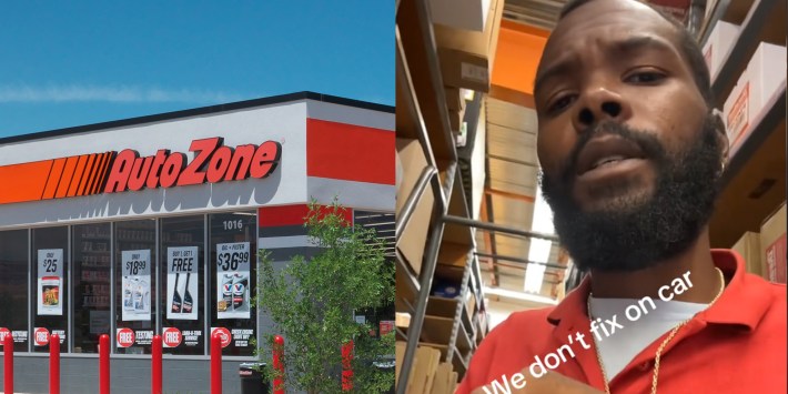 An AutoZone next to an AutoZone worker looking at the camera. There is text in front of the person that says "we don't fix on car."