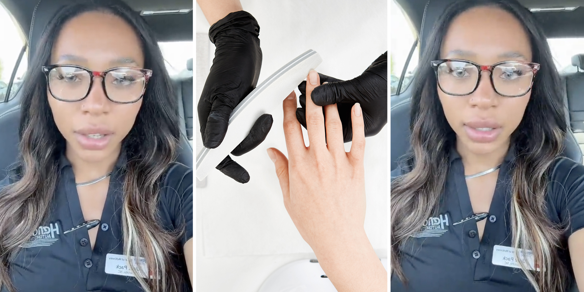 Woman talking(l+r), Hands getting manicured(c)