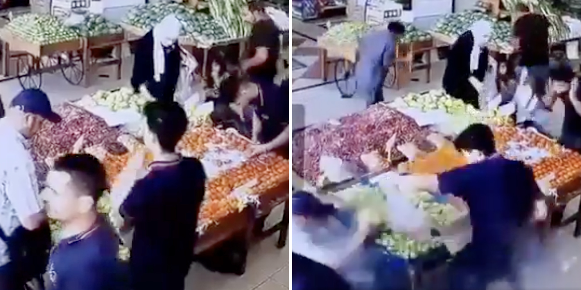People at fruit stand before explosion(l), During explosion(r)