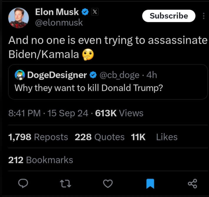 elon musk assassination trump biden harris tweet