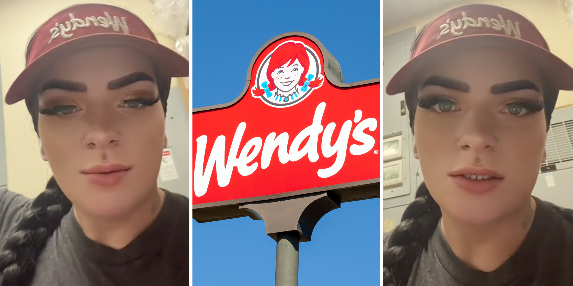 Wendy's worker talking(l+r), Wendy's sign(c)