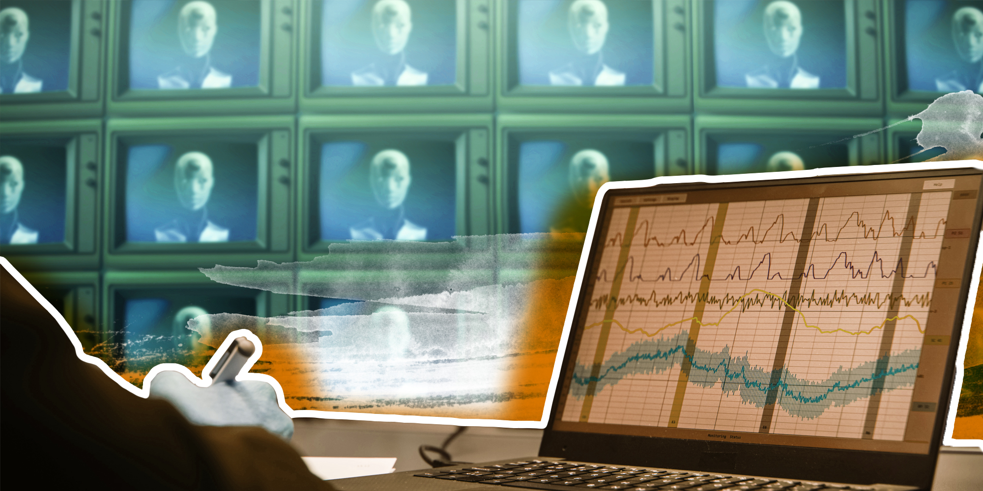 Hand and monitor of Lie detector with screens of ai robots in background