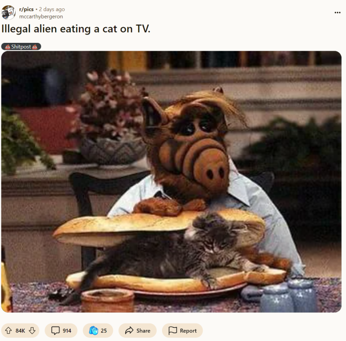 Reddit post title reads, "Illegal alien eating a cat on TV." with a photo of ALF with a cat between two slices of bread.