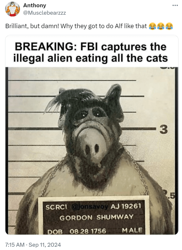 Tweet of a meme that reads, "BREAKING: FBI captures the illegal alien eating all the cats." with a mugshot of ALF.
