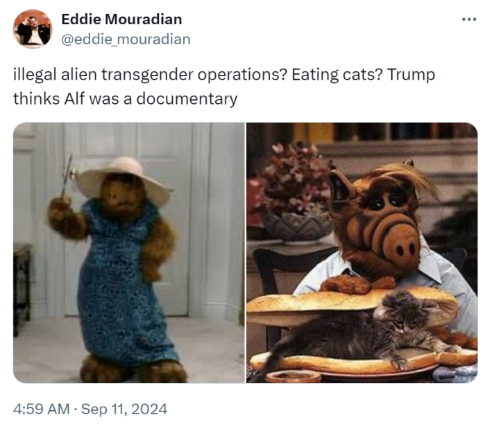 Tweet that reads, "illegal alien transgender operations? Eating cats? Trump thinks Alf was a documentary" with two screencaps from ALF.