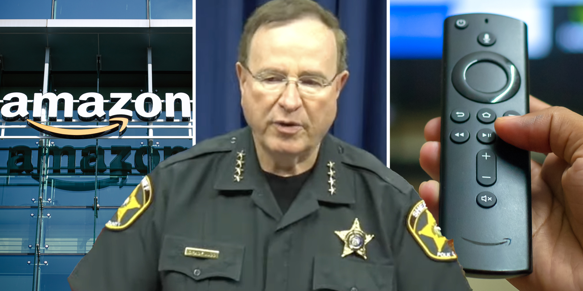 Amazon HQ(l), Polk Sheriff talking(c), Hand holding amazon fire stick remote(r)