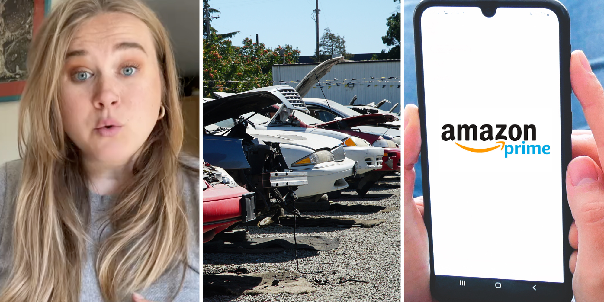 Woman talking(l), Junk Cars(c), Hands holding phone with amazon prime app(r)