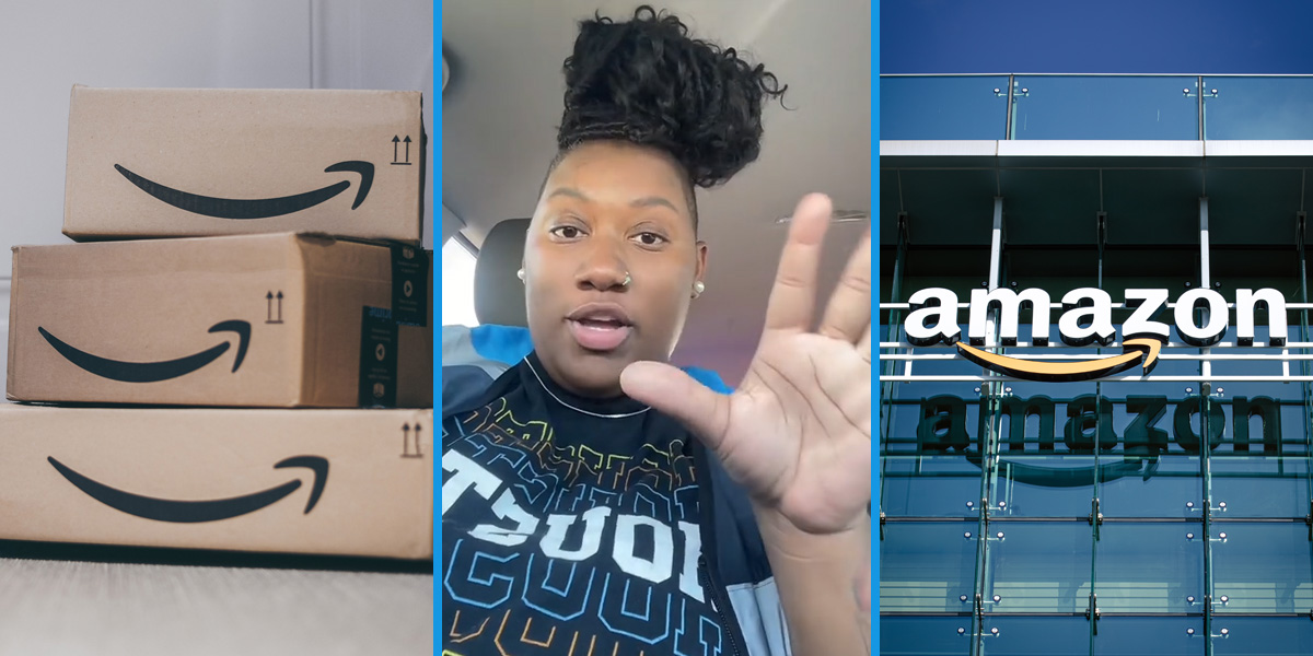 Amazon packages (l) Amazon worker speaking (c) Amazon (r)