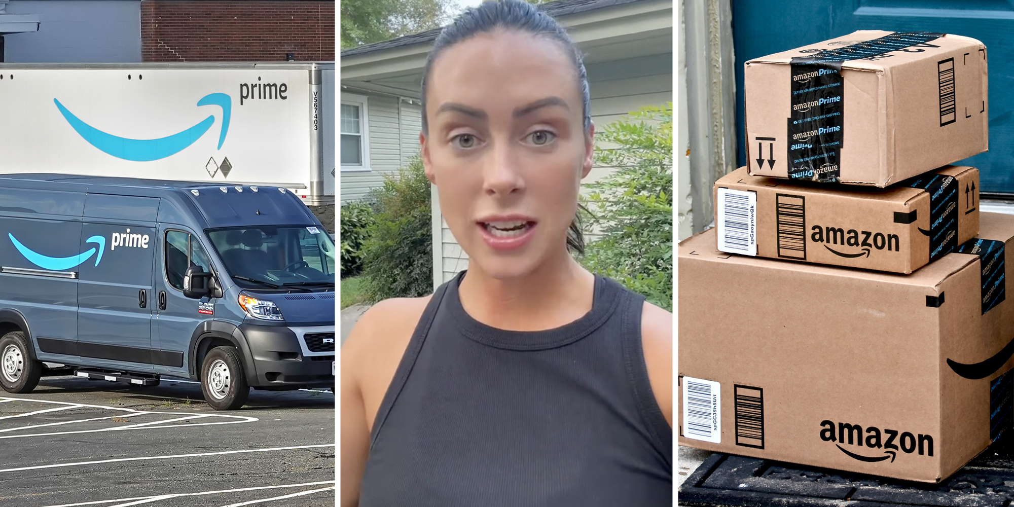 Amazon Trucks(l), Woman talking(c), Amazon packages(r)