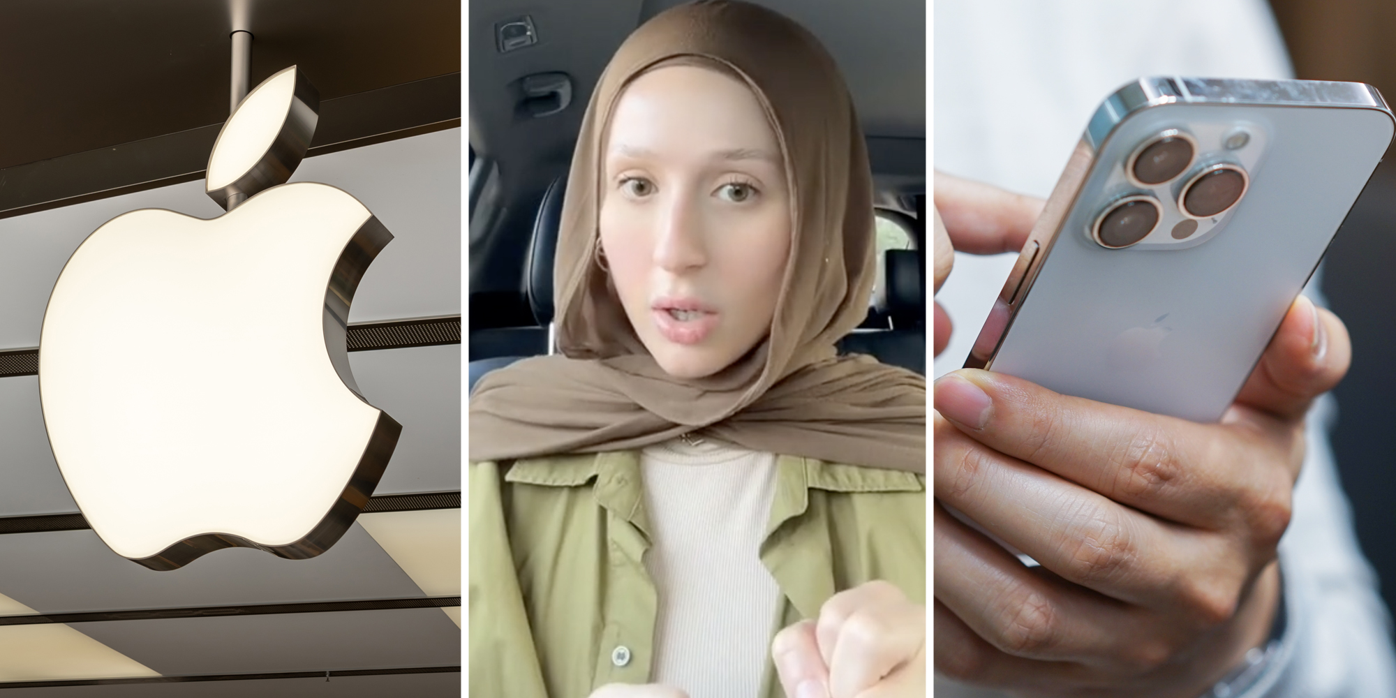 Apple logo(l), Woman talking(c), Hand holding iphone(r)