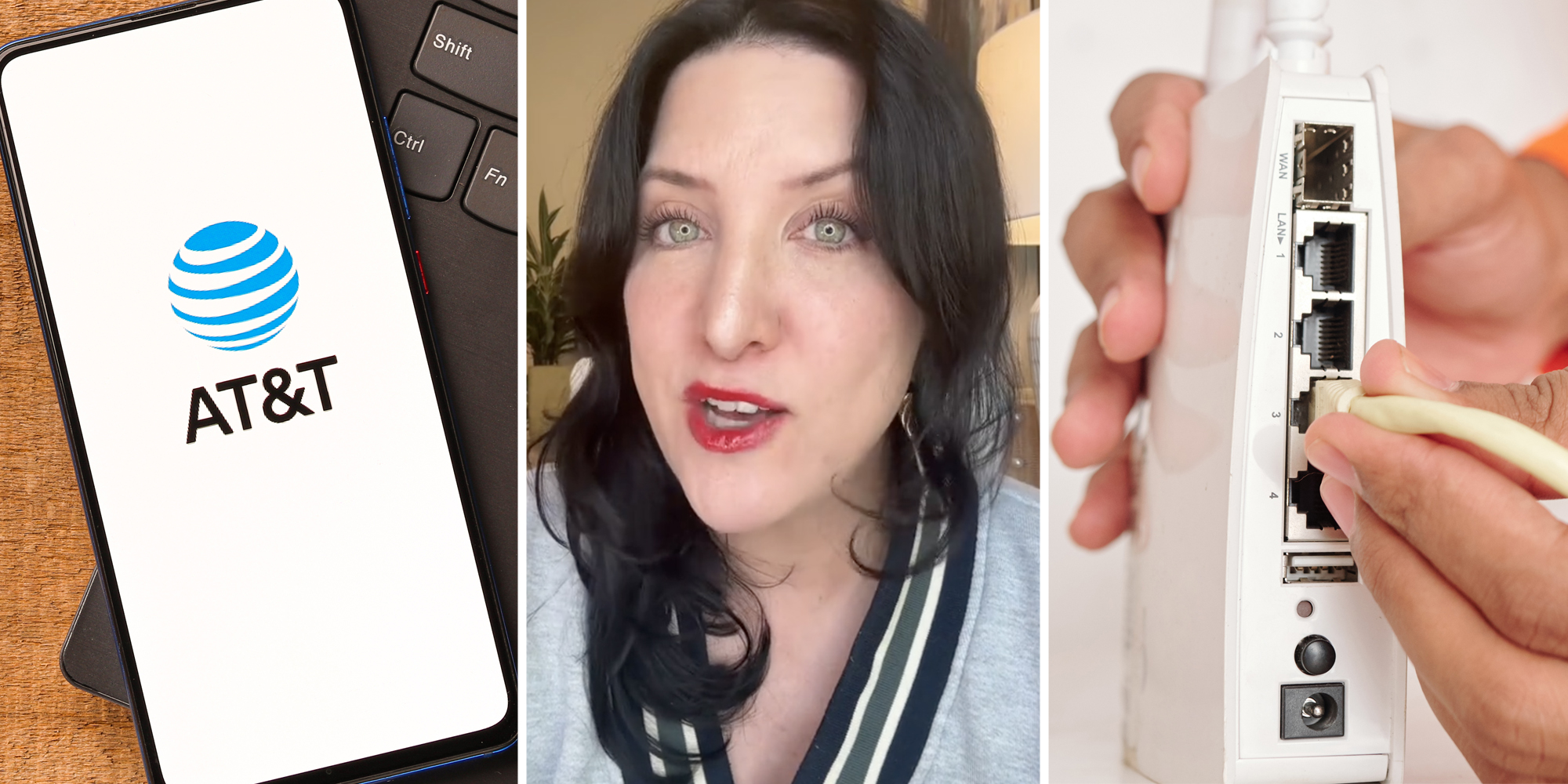 Phone with at&t app(l), Woman talking(c), Hands plugging in cable to router(r)