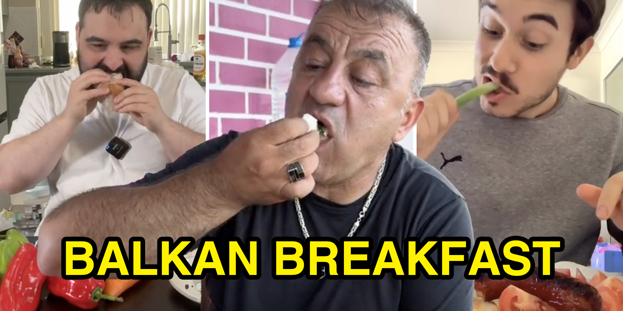 Three split of men eating food with text that says "Balkan Breakfast"