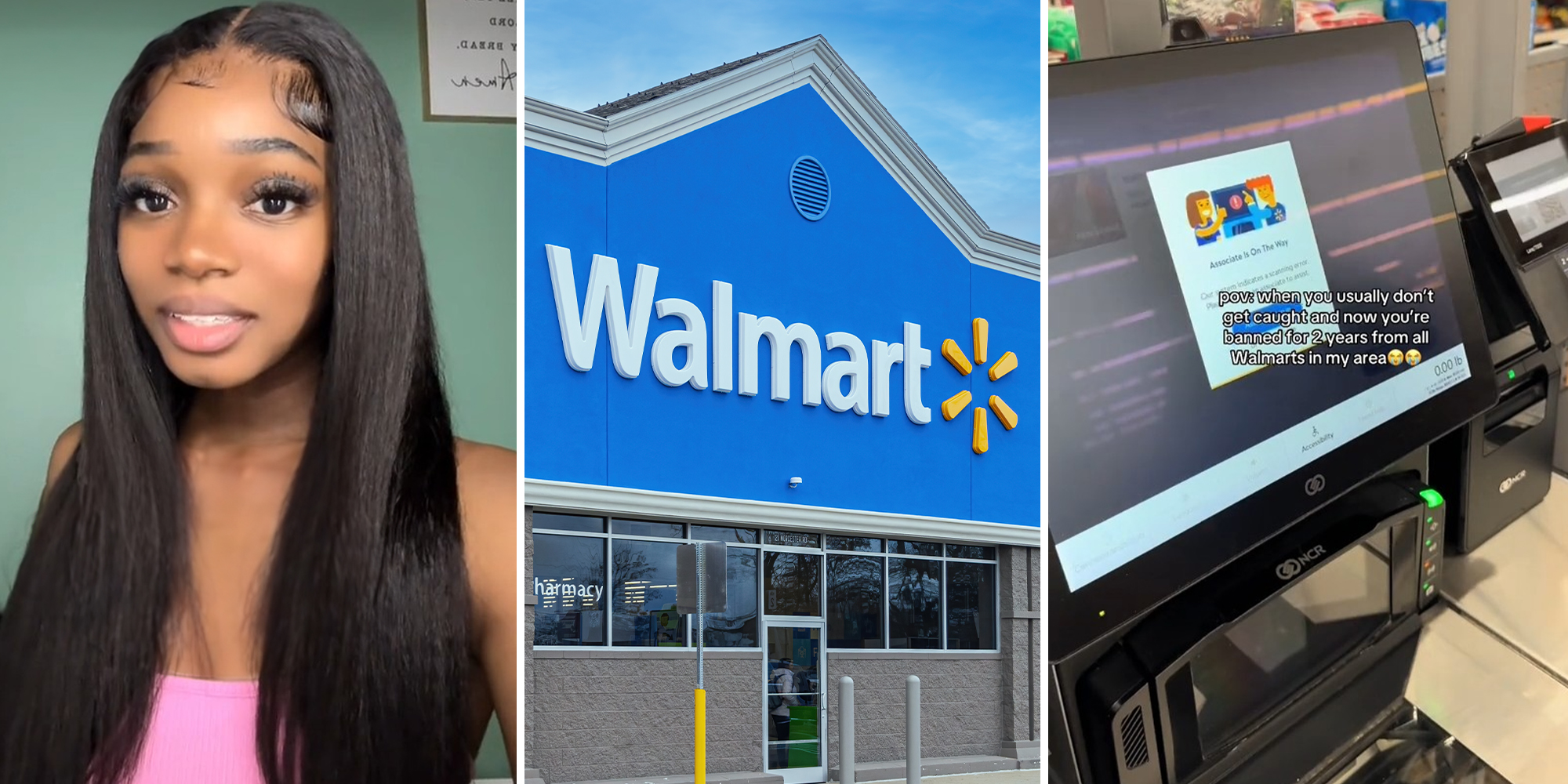 woman wearing pink blouse (l) Walmart Store Front(c) Walmart Self check out(r)