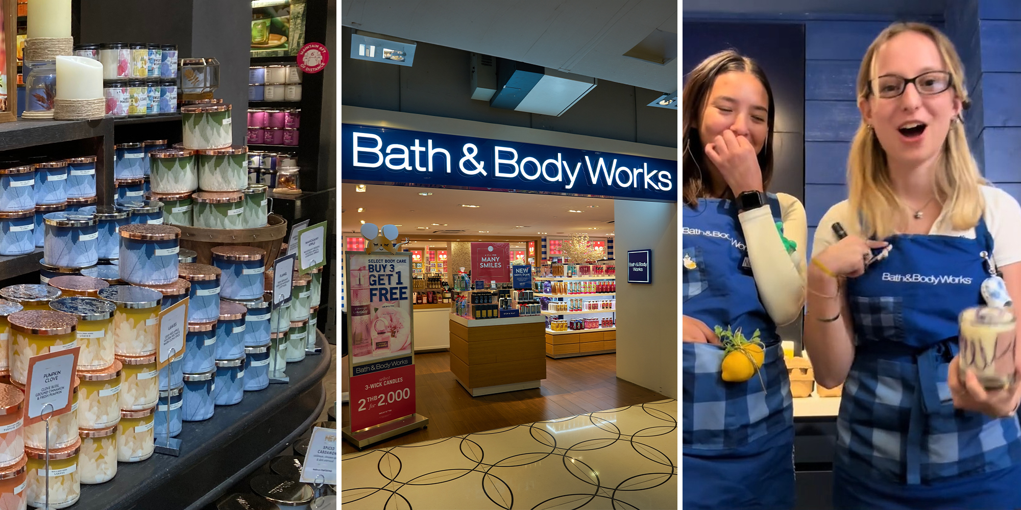 Variety of Candles on Display(l) Bath and Body Works Store Sign(c) Bath and Body Works Employees holding a candle (r)