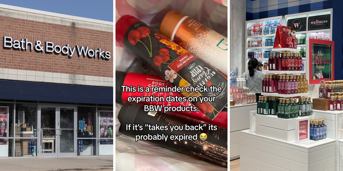 Bath and Body Works (l) lotions with caption "This is a reminder check the expiration dates on your BBW products. If it's 'takes you back" its probably expired" (c) products on shelf (r)