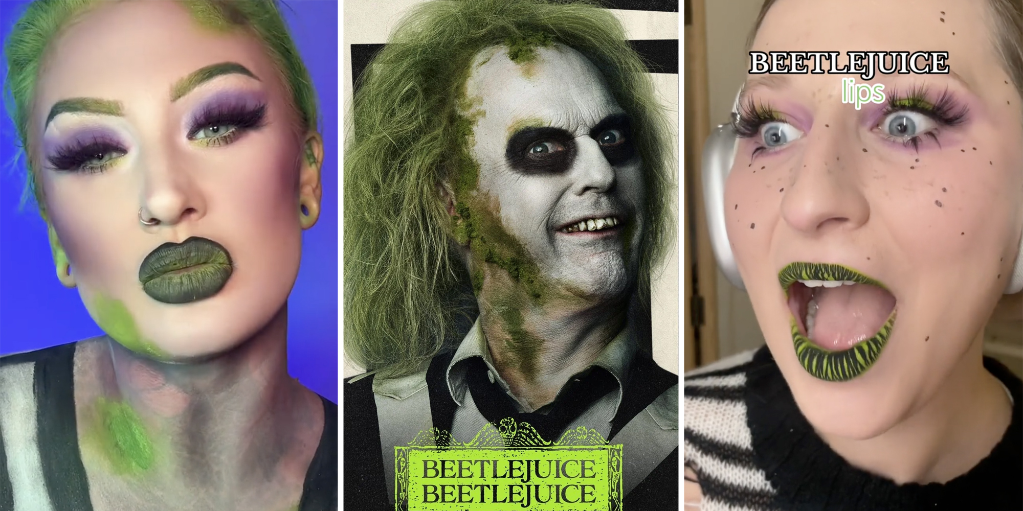 beetlejuice lips - Woman with Beetlejuice makeup(l), Beetlejuice promo image(c), Different woman with Beetlejuice makeup(r)