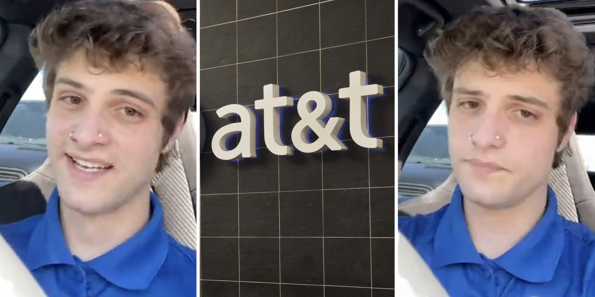 Best Buy worker talking(l+r), At&t logo(c)