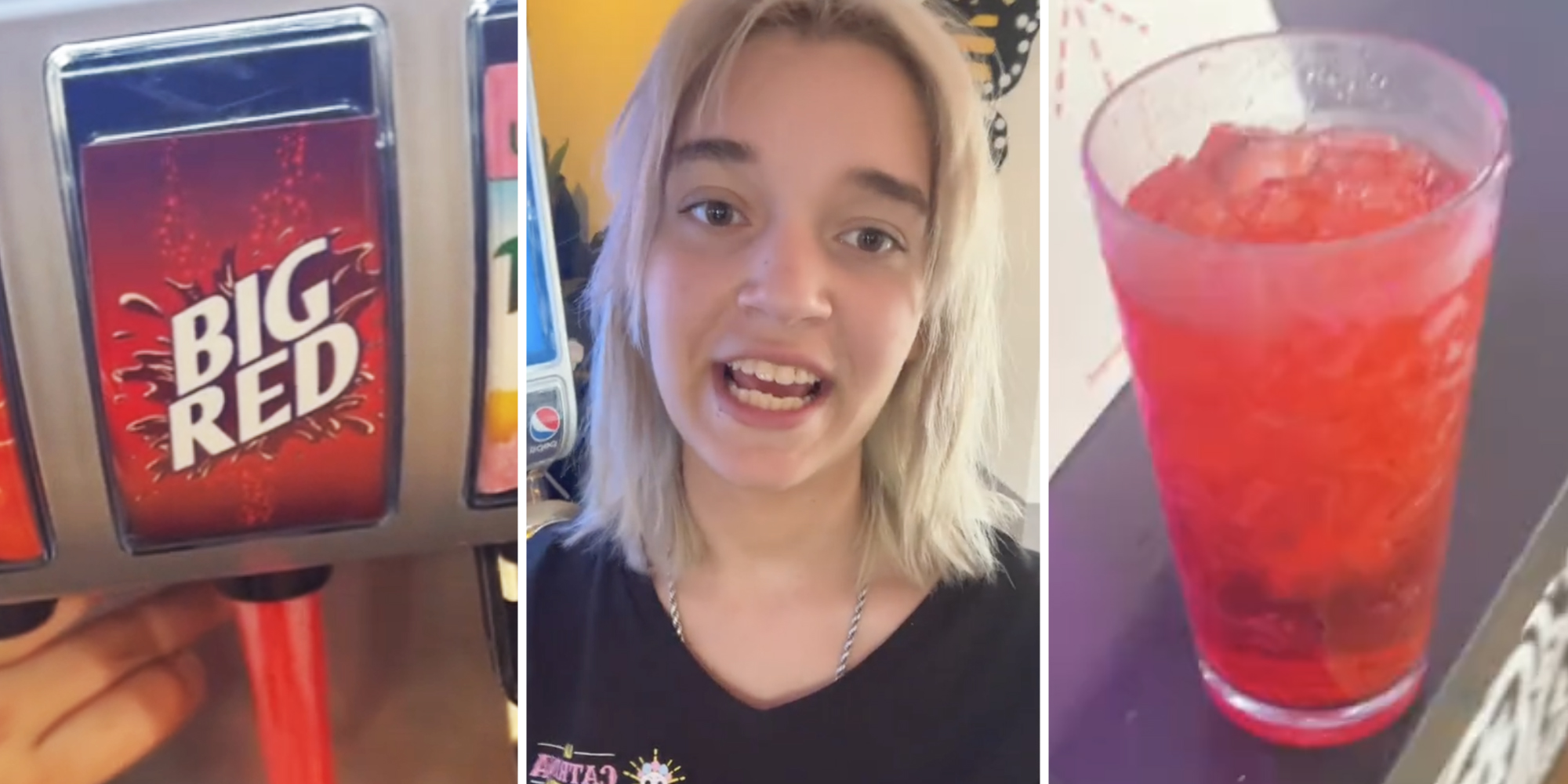 Big Red Drink Dispenser(l), Woman talking(c), Glass with big red(r)