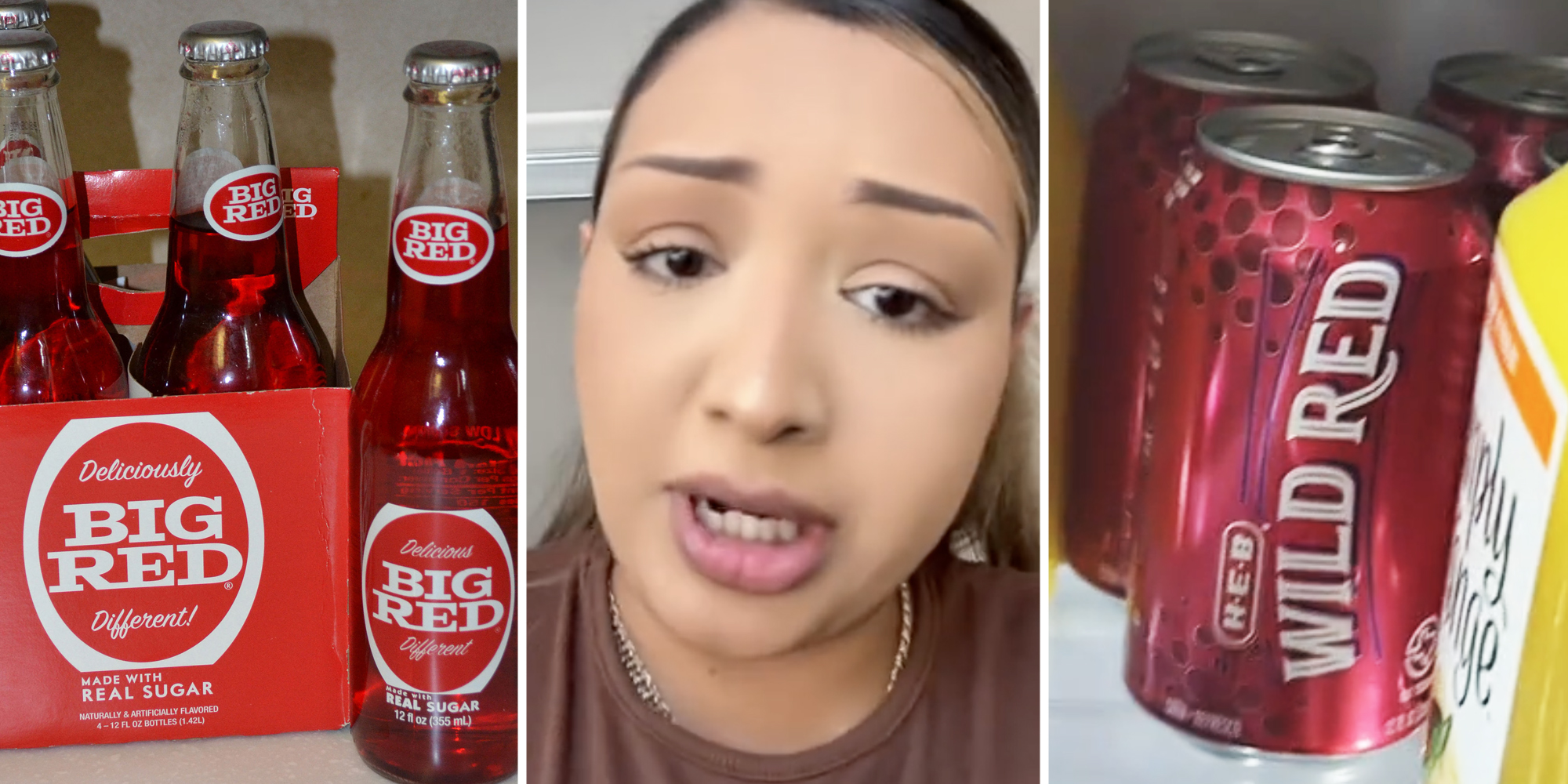Big Red Soda(l), Woman talking(c), Wild Red soda(r)