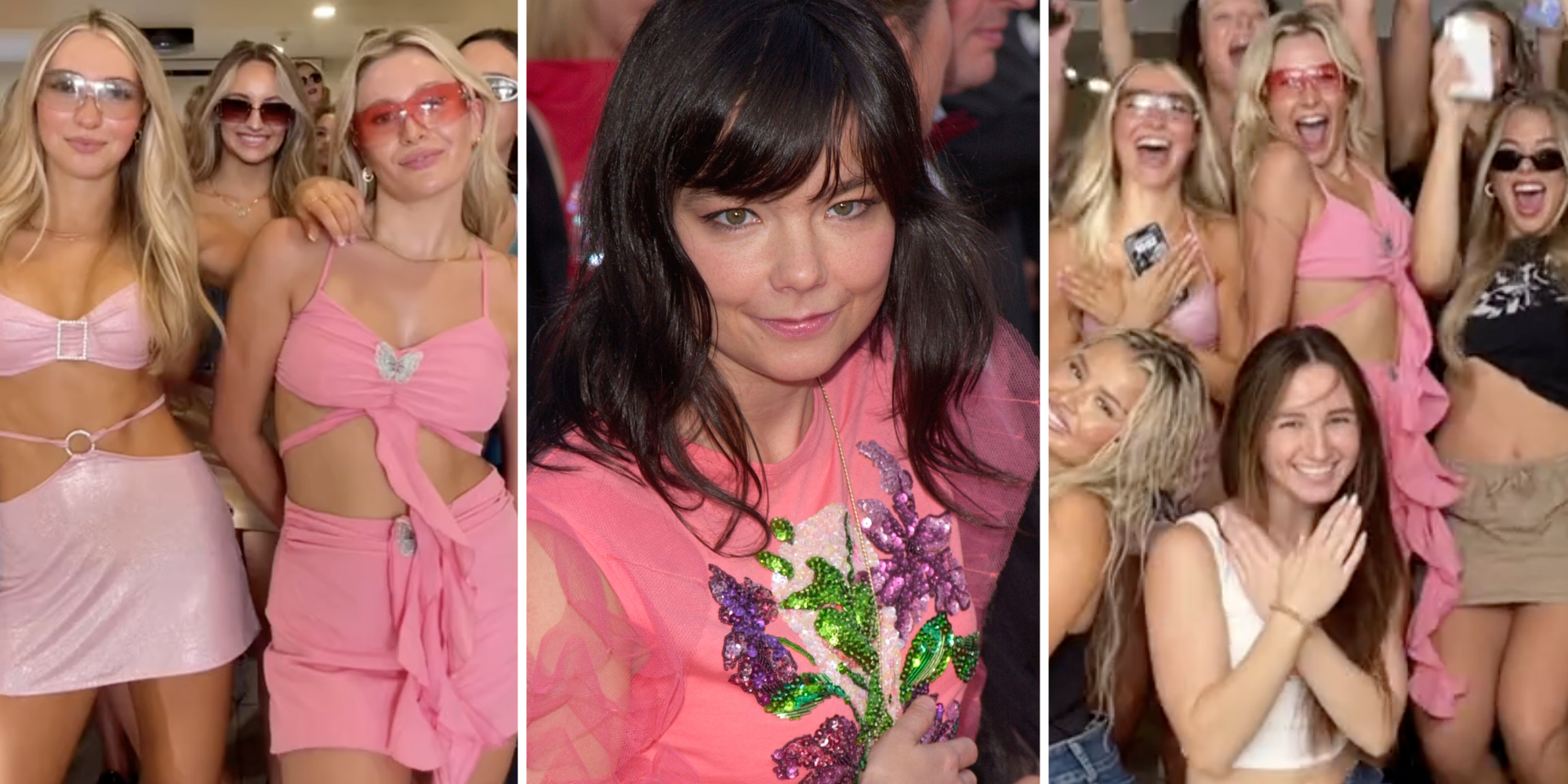 bjork frat - Sorority dancing(l+r), Bjork smiling(c)