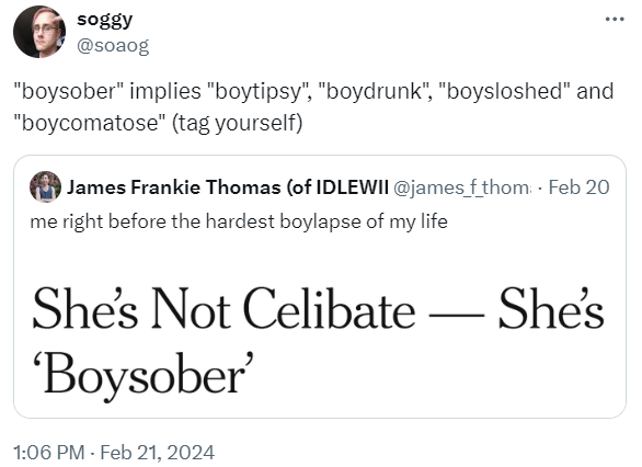 QRT of a headline screenshot that reads, "She's not Celibate — She's 'Boysober.'" The QRT reads, "ùboysober' implies 'boytipsy', 'boydrunk', ùboysloshed' and 'boycomatose' (tag yourself)"