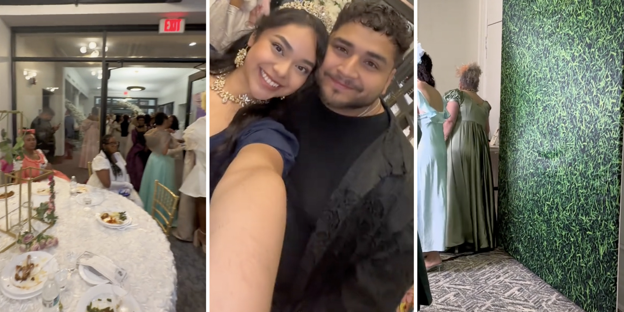 people sitting at table(l), Couple smiling(c), Photobooth(r)