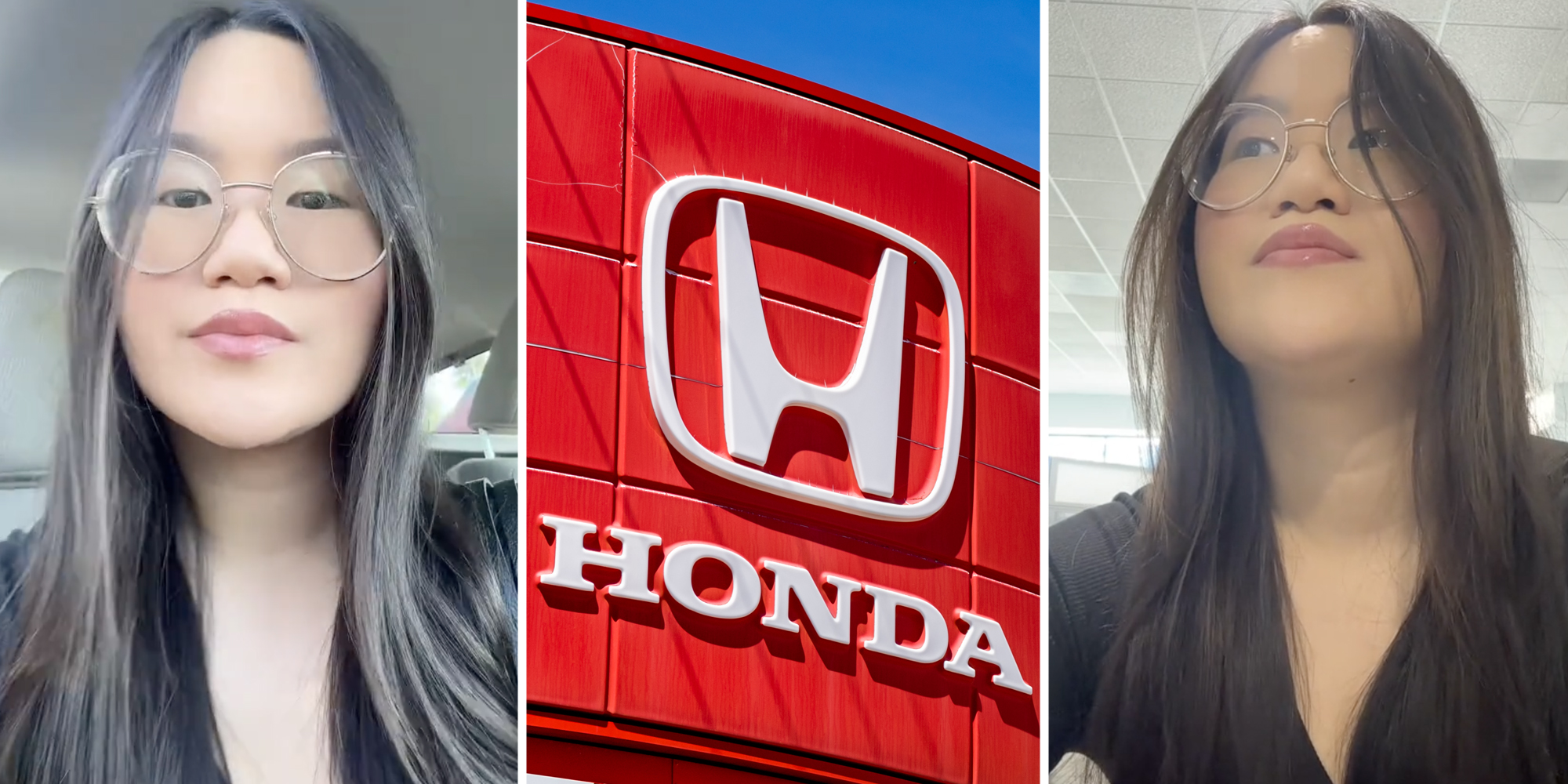 Woman looking frustrated(l+r), Honda sign(c)