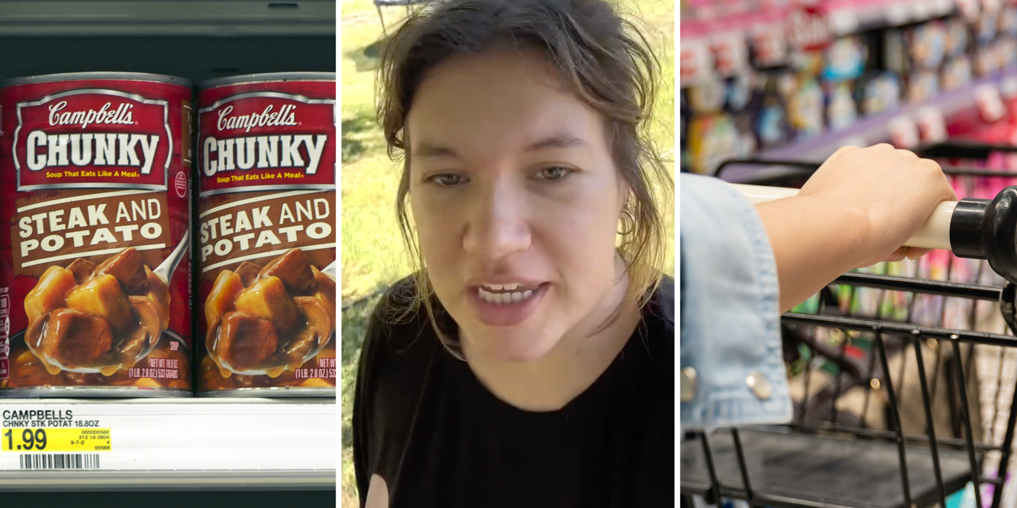 Campbell's Chunky Steak and Potato canned soup(l), Woman talking(c), Hand pushing grocery cart(r)