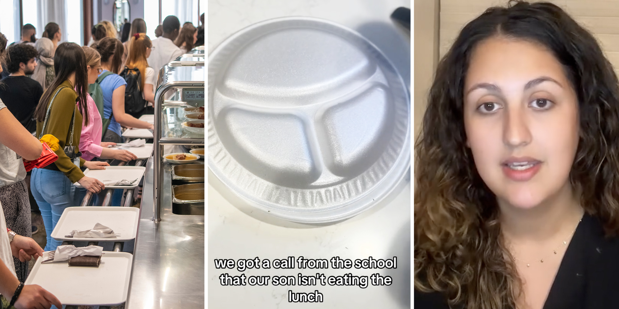 Students waiting on line with lunch trays(l), Plate with text that says "we got a call from the school that our son isn't eating the lunch"(c), Woman talking(r)