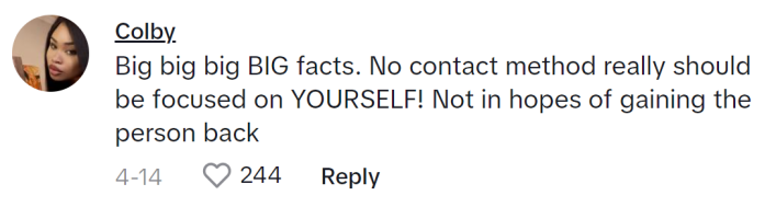 TikTok comment that reads, "Big big big BIG facts. No contact method really should be focused on YOURSELF! Not in hopes of gaining the person back"