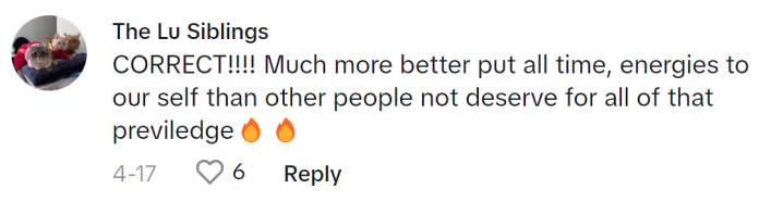 TikTok comment that reads, "CORRECT!!!! Much more better put all time, energies to our self than other people not deserve for all of that [privilege] (fire emojis)"