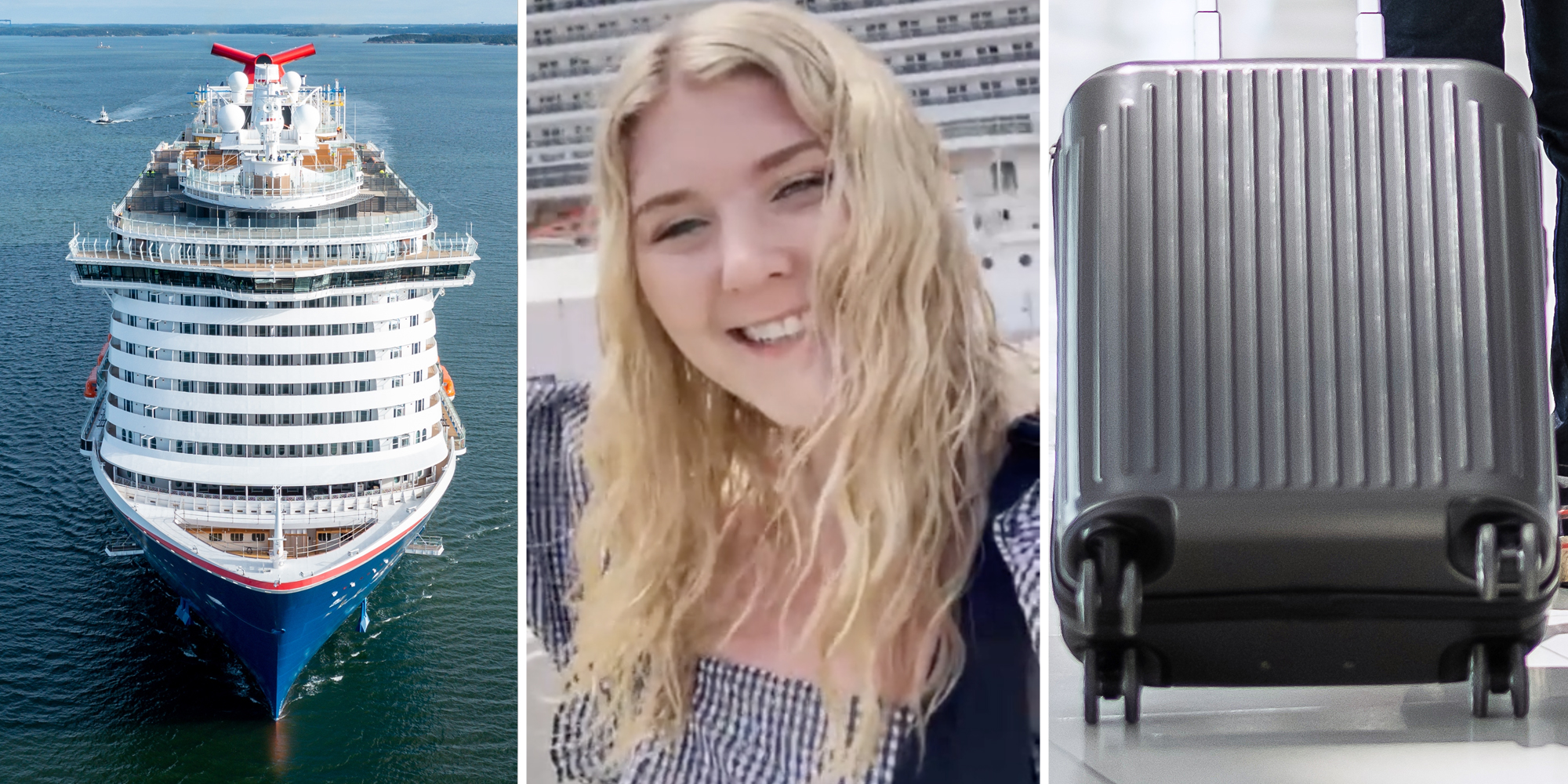 Carnival Cruise ship(l), Woman talking(c), Suitcase(r)