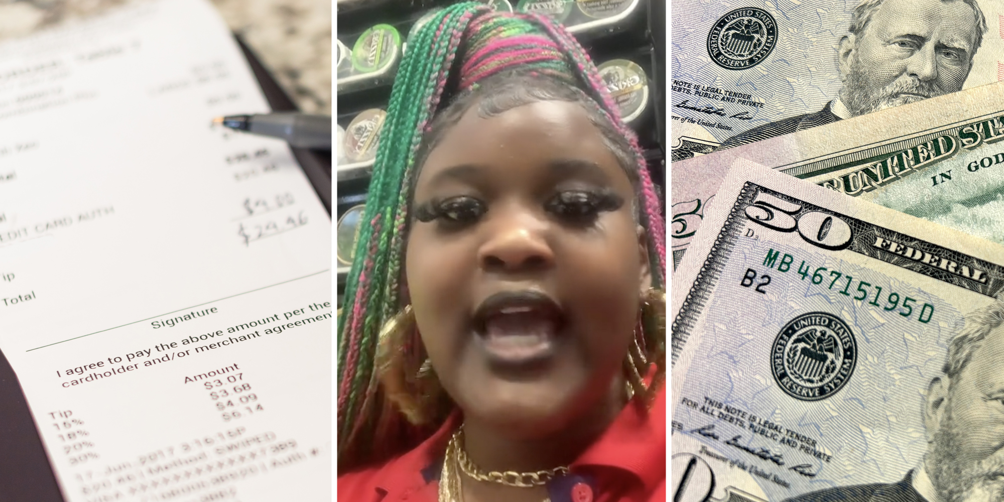 Receipt(l), Woman talking(c), Fifty Dollar bills(R)