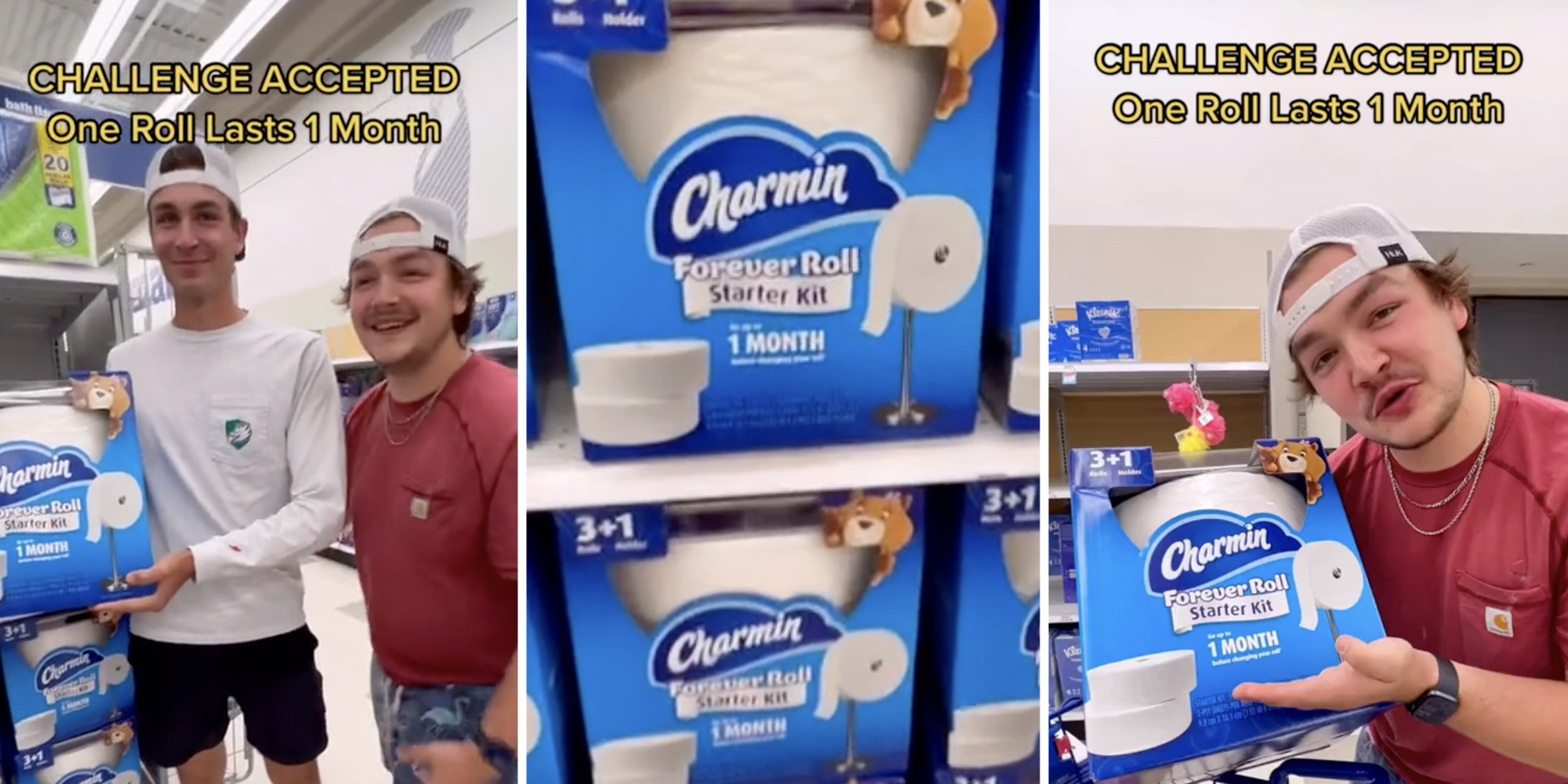 Two friends with toilet paper(l), Charmin Forver Roll starter kits(c), Man showing off starter kit(r)