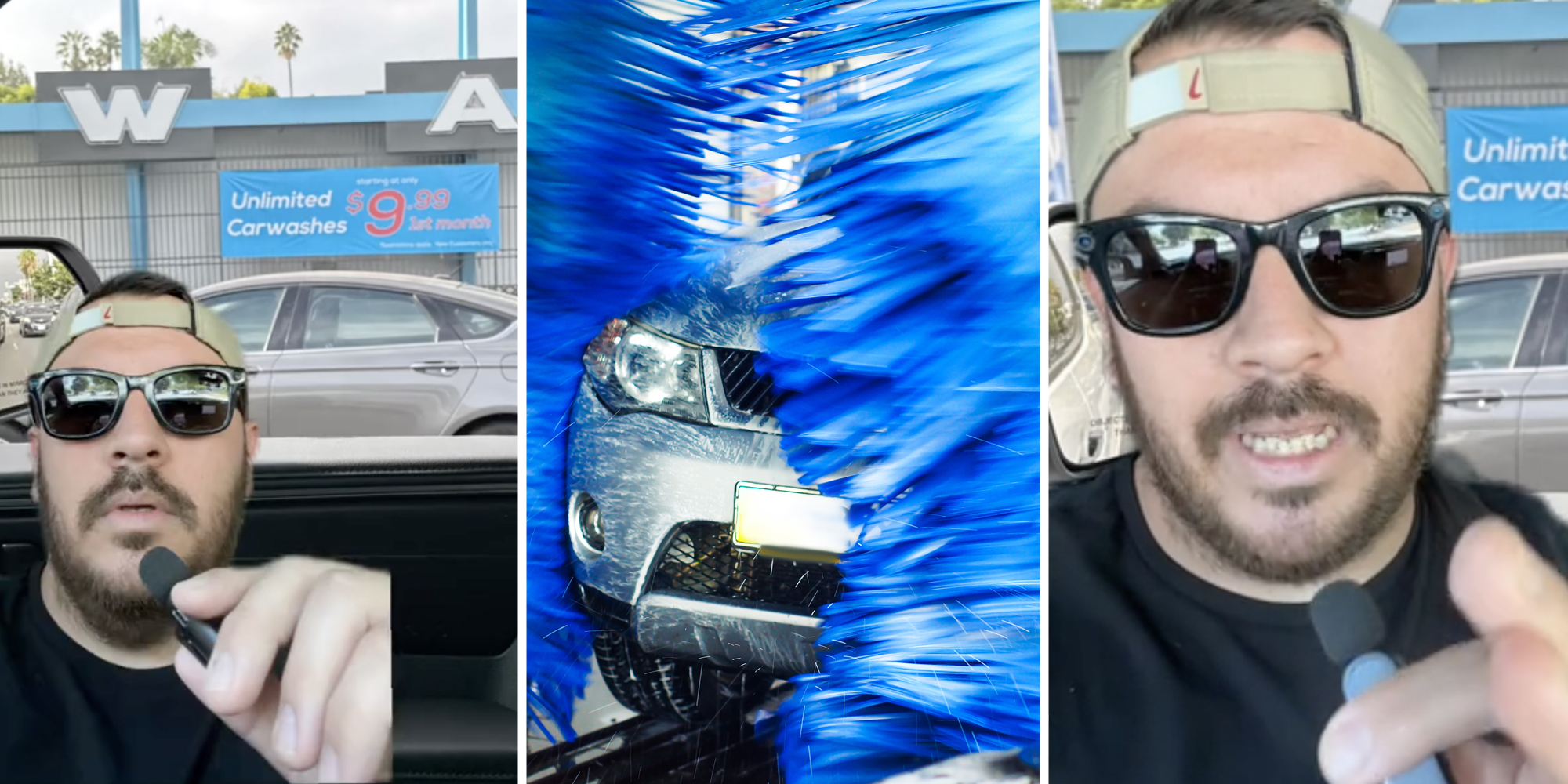Man talking in front of image of car wash(L), Car going through car wash(c), Man talking(r)