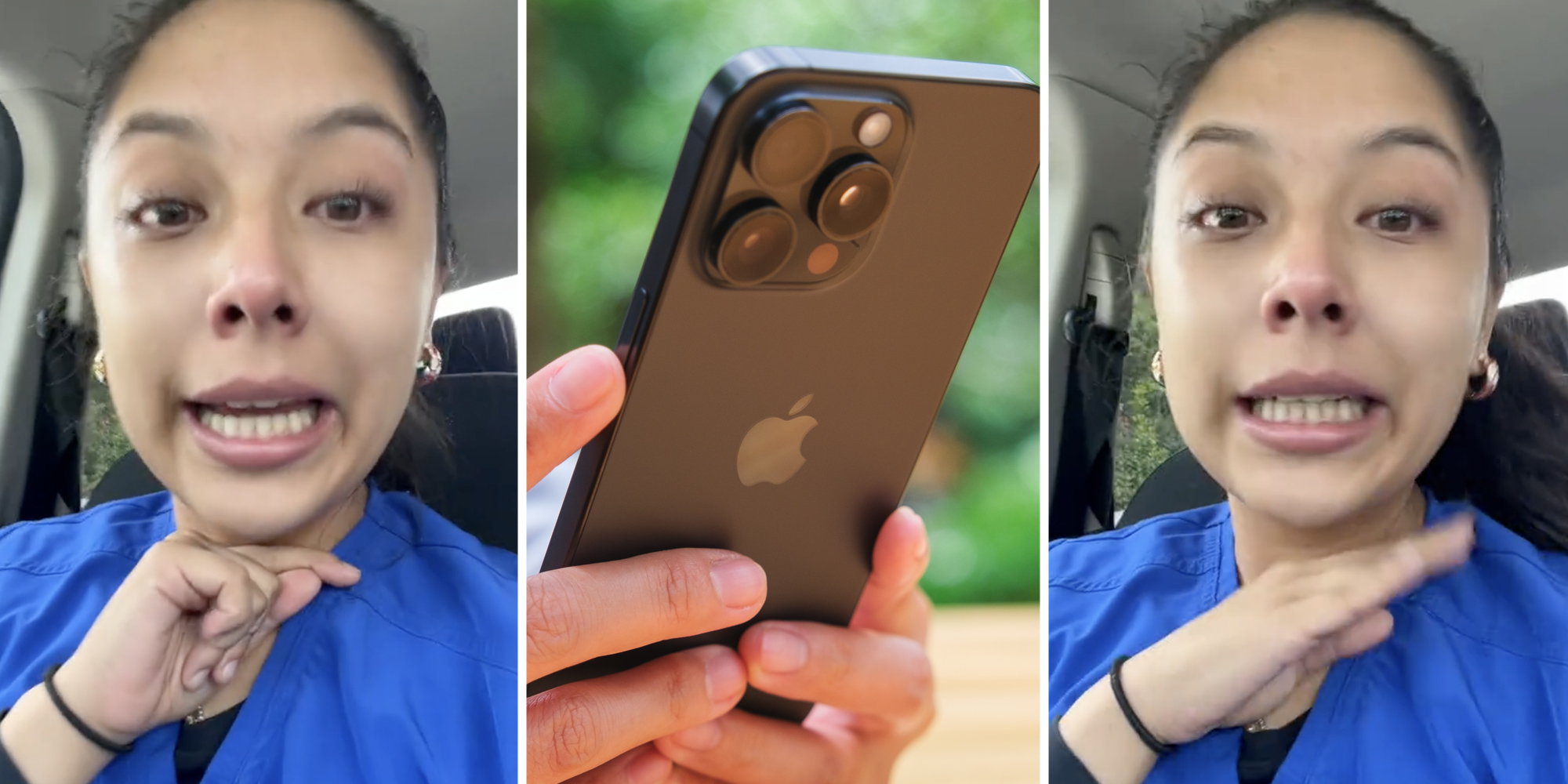 Woman talking(l+r), Hand holding iphone(c)