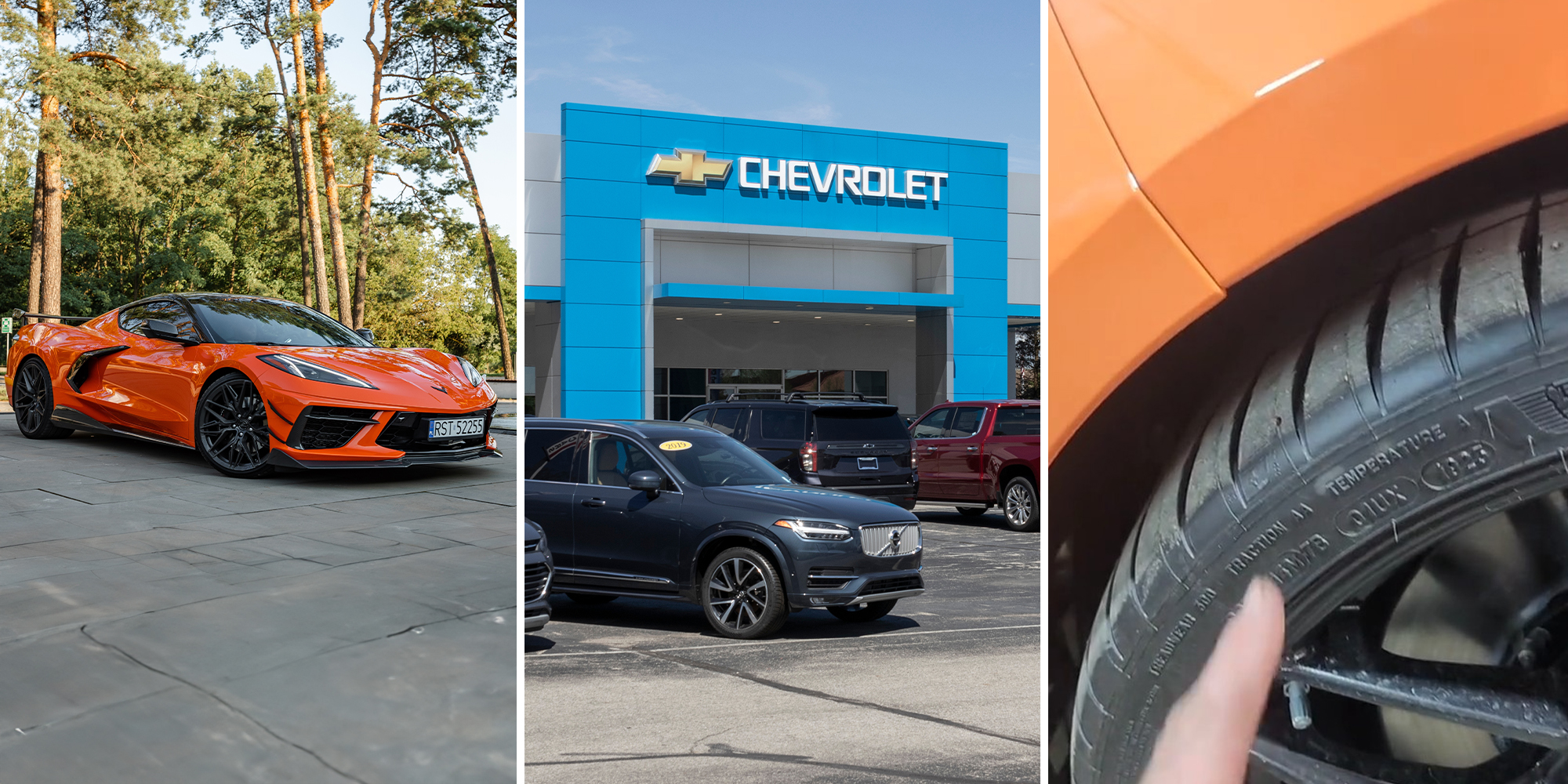 Orange Corvette(l) Chevrolet dealer(c) misaligned fender(r)