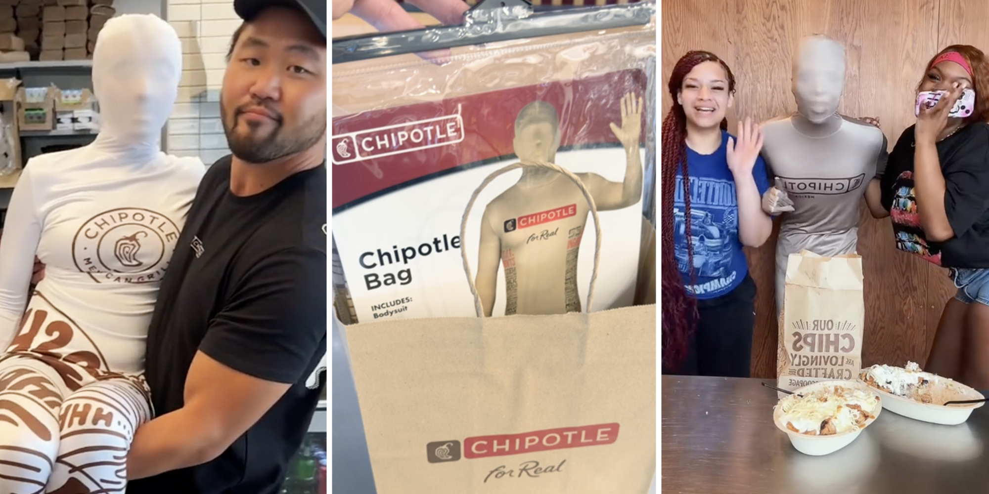 Man holding someone in chipotle costume(l), Chipotle costume going in chipotle bag(c), Someone in chipotle costume with two women(r)