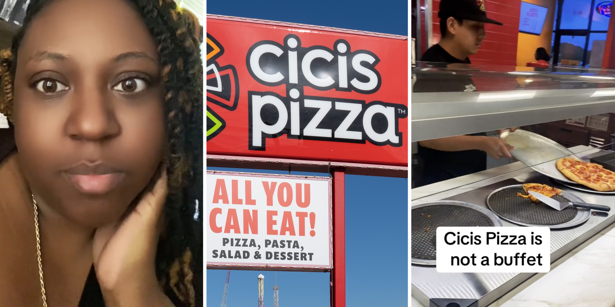 Woman talking(l), Cici's Pizza sign(c), Man working pizza buffet(r)