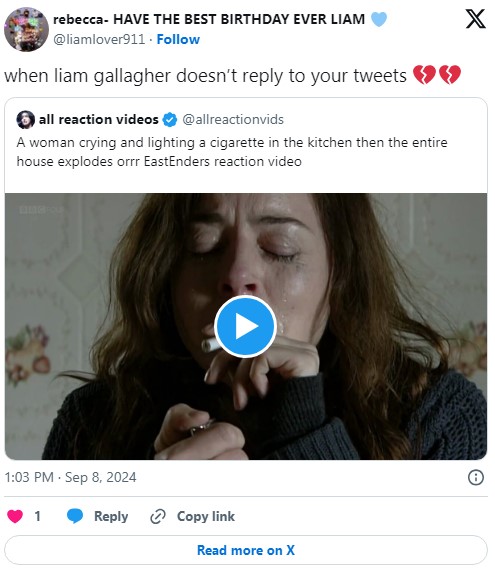 when liam gallagher doesn’t reply to your tweets 💔💔 eastenders meme