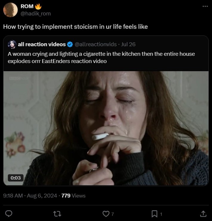 woman lighting a cigarette and exploding with tweet "How trying to implement stoicism in ur life feels like"