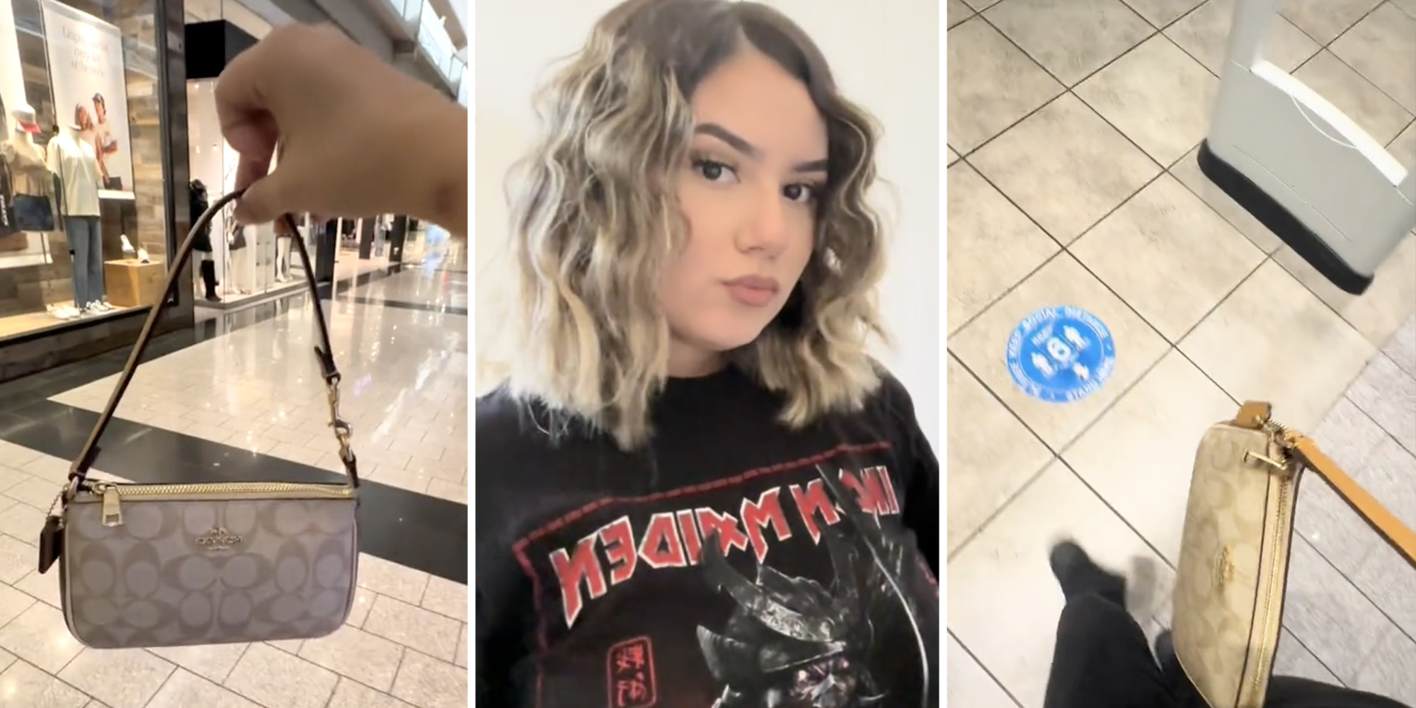 Hand holding Coach Bag(l), Woman looking at camera(c), Coach bag going through store security(r)