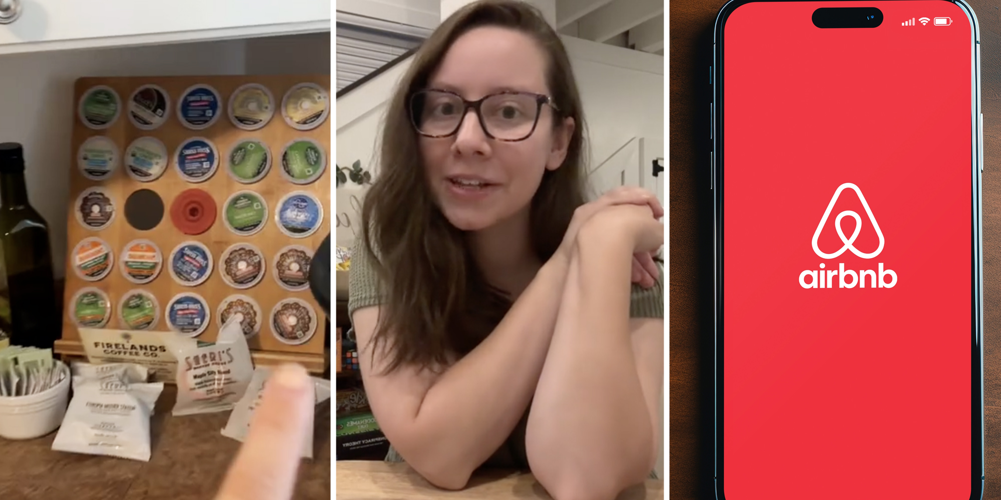 Counter with coffee and tea(l), Woman talking(c), Phone with airbnb app(r)