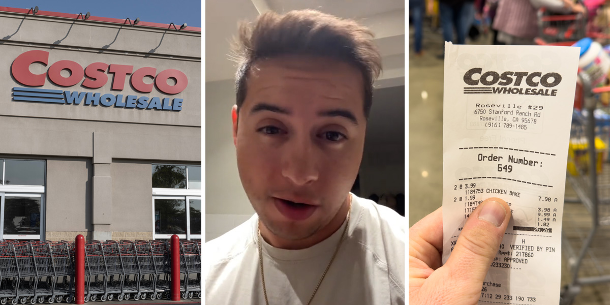 Costco (l) man speaking (c) Costco receipt in hand (r)