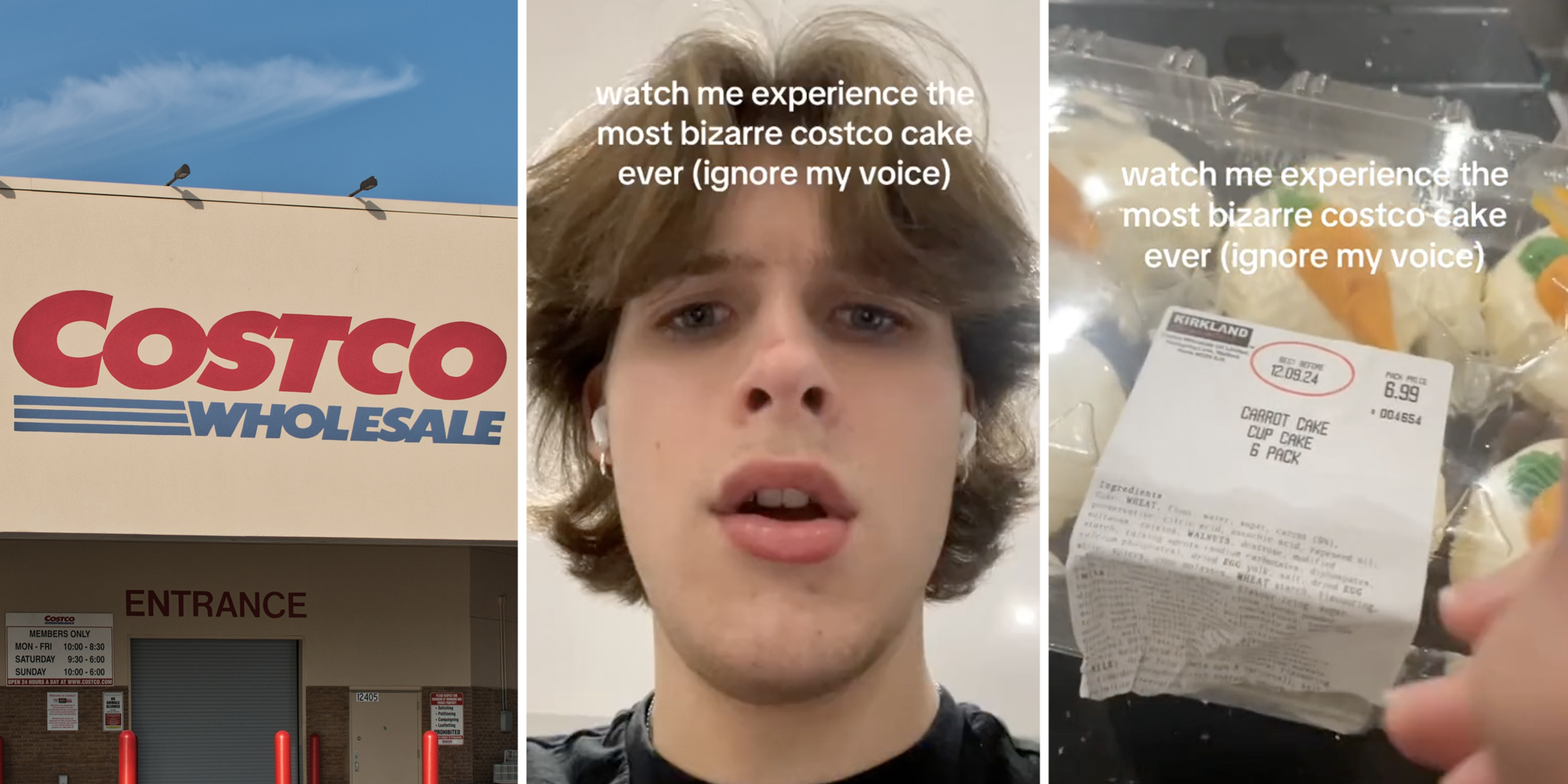 Costco(l), Man talking(c), Case of carrot cake cupcakes(r)