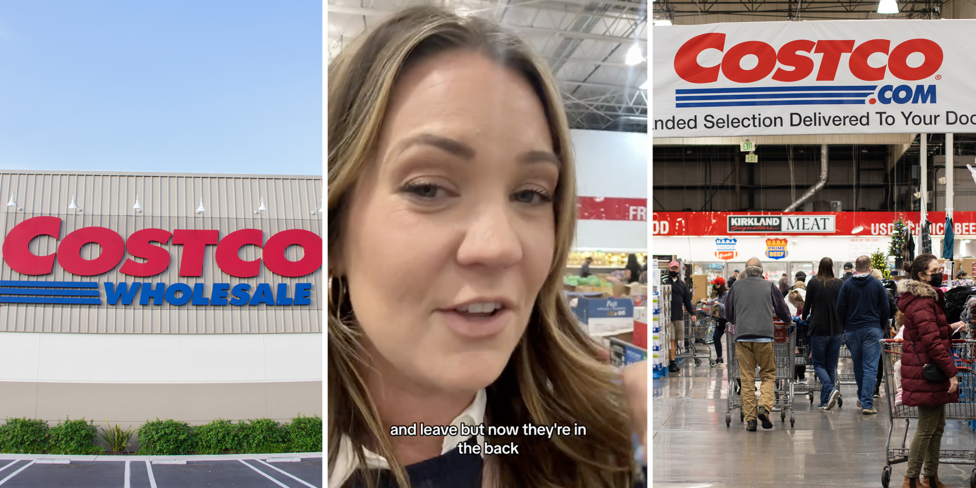Costco storefront(l), Woman talking with text that says "and leave but now they're in the back"(c), Costco interior with shoppers(r)