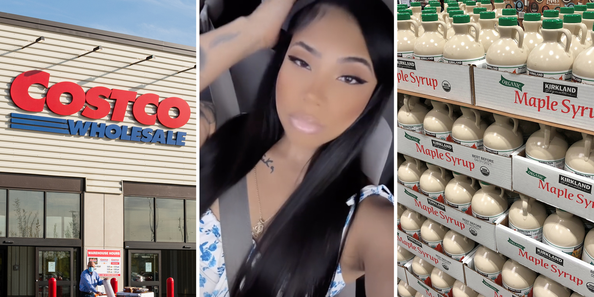 Costco Wholesale storefront(l), Woman looking frustrated(c), Boxes of Kirkland Maple Syrup(r)