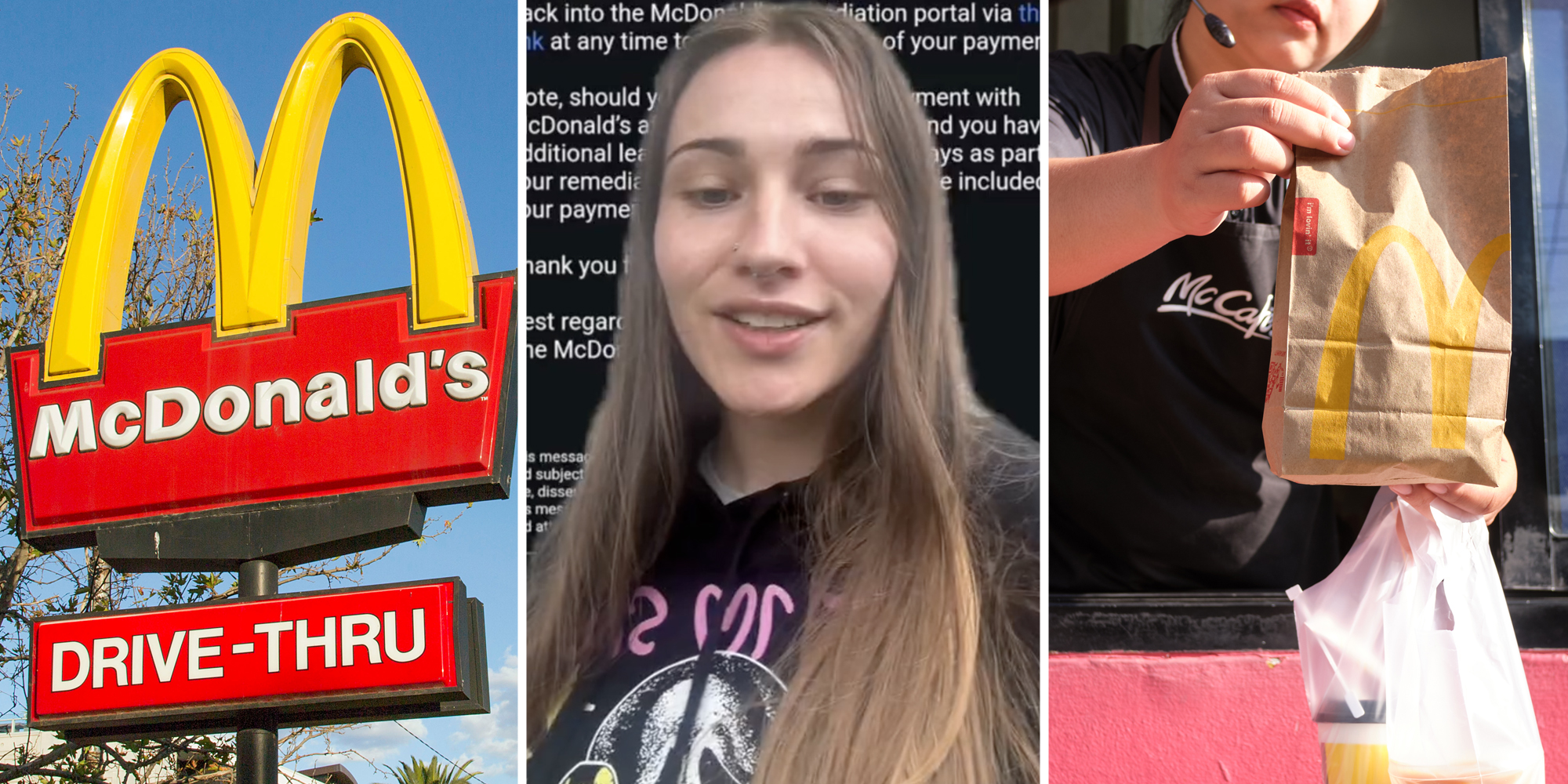McDonald's arches(l), Woman talking(c), Drive thru worker giving McDonald's order