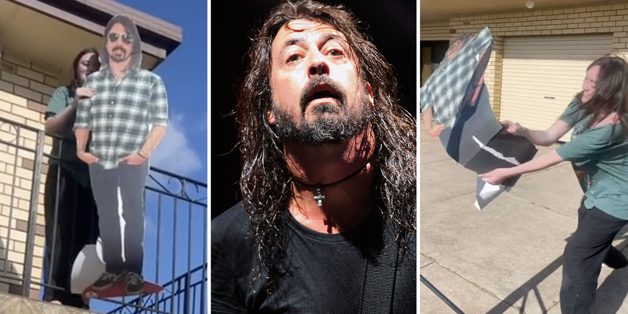Woman with Dave Grohl cutout on balcony(l), Dave Grohl performing(c), Woman smashing Dave Grohl cutout(r)