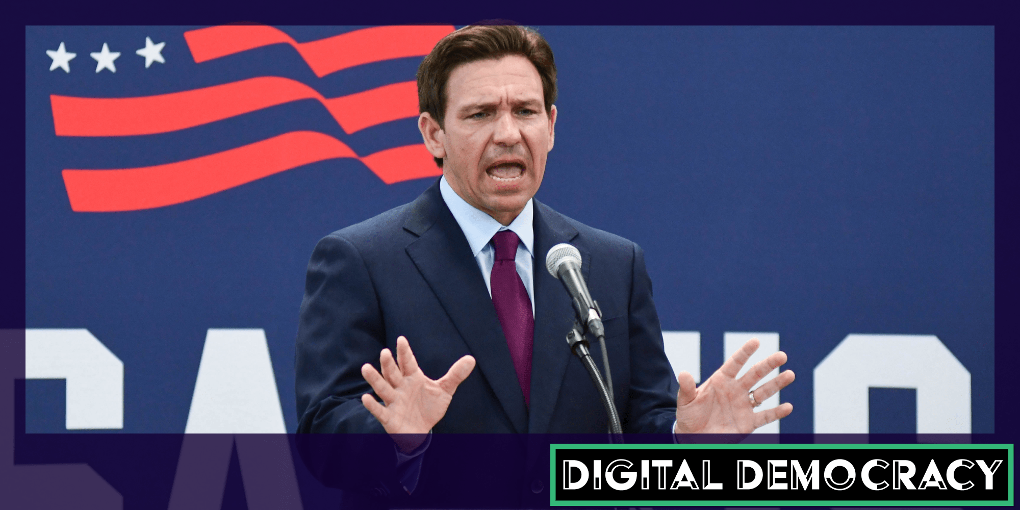 Ron DeSantis. There is a logo in the bottom right corner that says "Digital Democacy," a web_crawlr column.